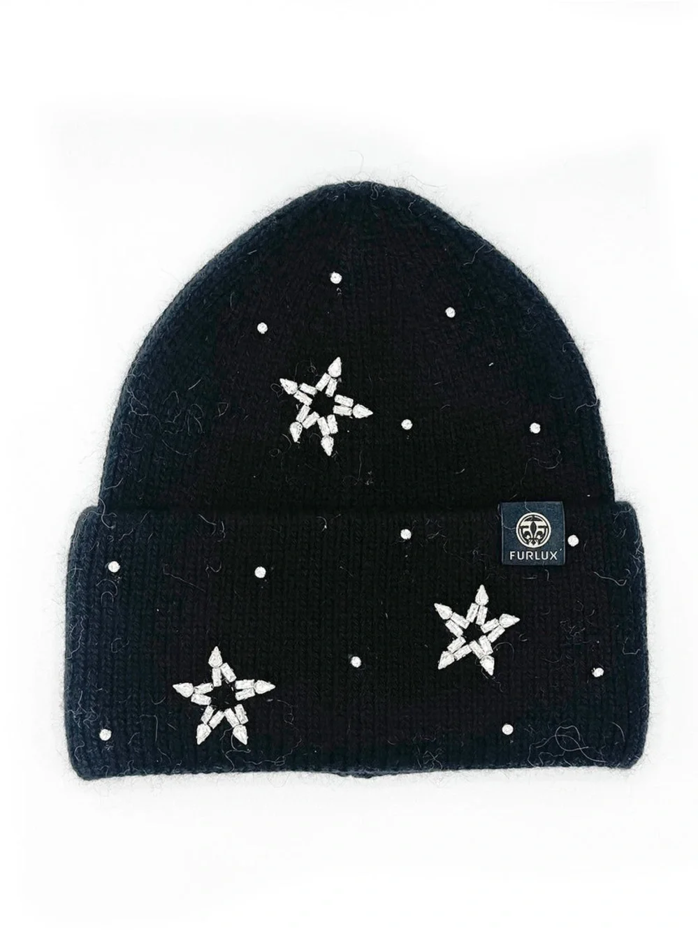 NWT Furlux C2391 Black Crystal Star Angora Nylon Knit Beanie Ski Hat